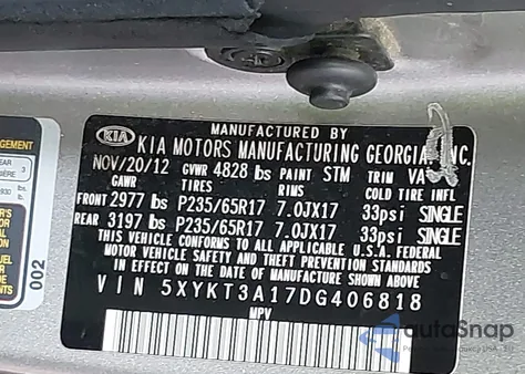 2013 Kia Sorento Lx z USA, uszkodzony, nr VIN 5XYKT3A17DG406818
